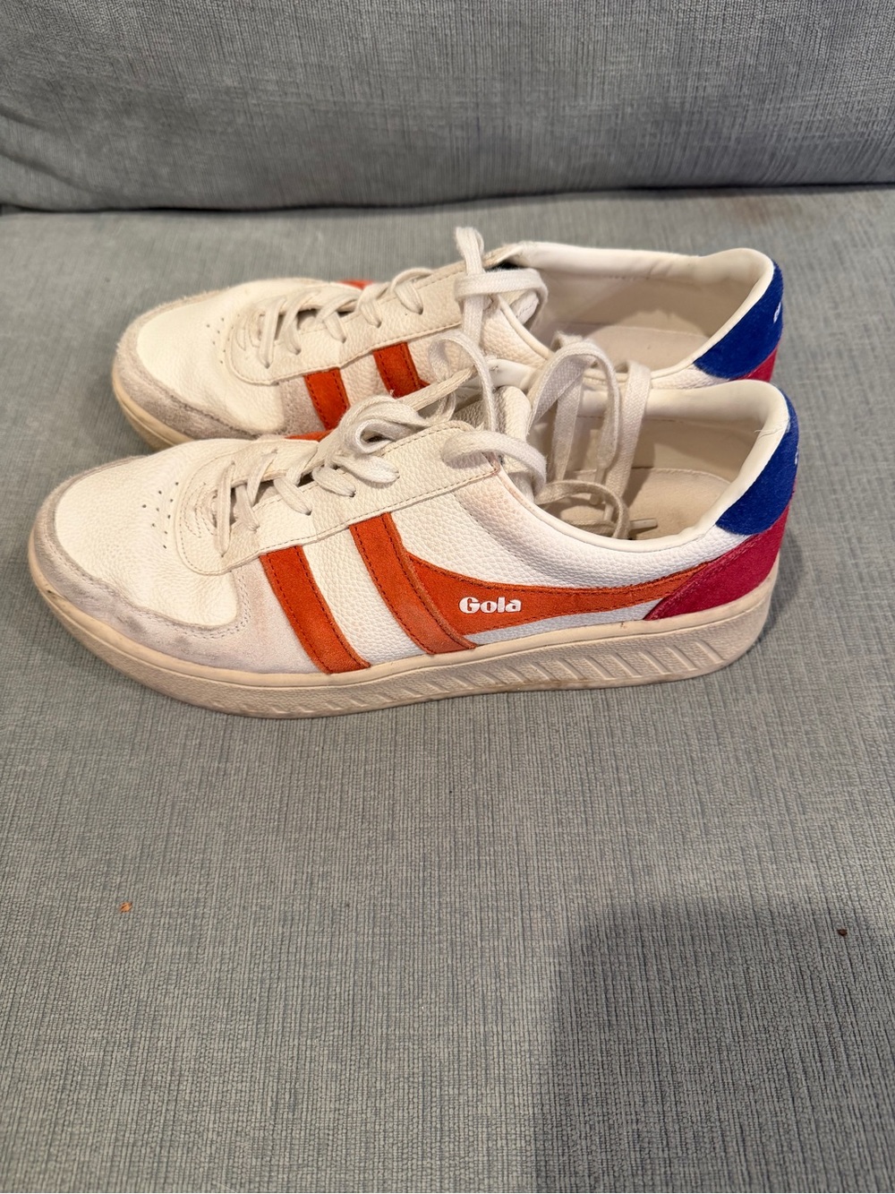Gola White Sneakers with Orange Stripes and Blue/Pink Heel Tabs